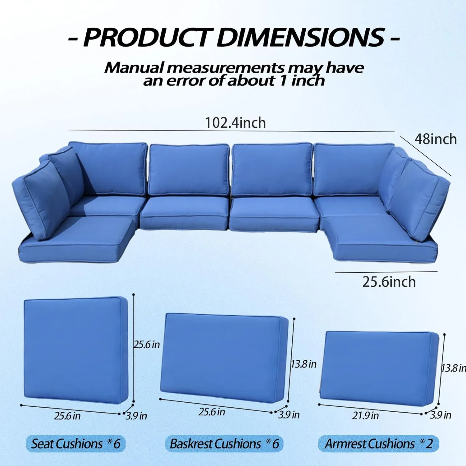 Patio Furniture Cushions,14Pieces Water-Resistant Outdoor Replacement Cushions,Sectional Sofa Cushions for Fits 6-Seats Rattan Wicker Patio Conversation Sets(Blue)