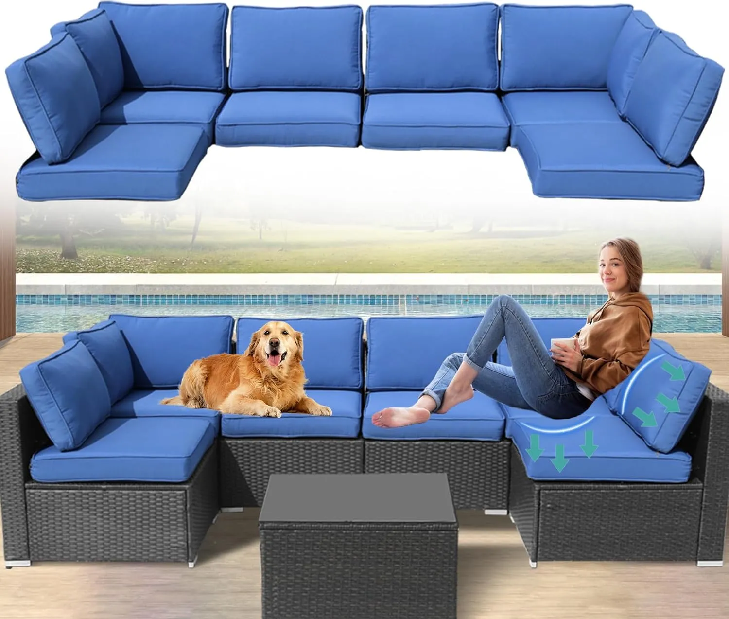 Patio Furniture Cushions,14Pieces Water-Resistant Outdoor Replacement Cushions,Sectional Sofa Cushions for Fits 6-Seats Rattan Wicker Patio Conversation Sets(Blue)