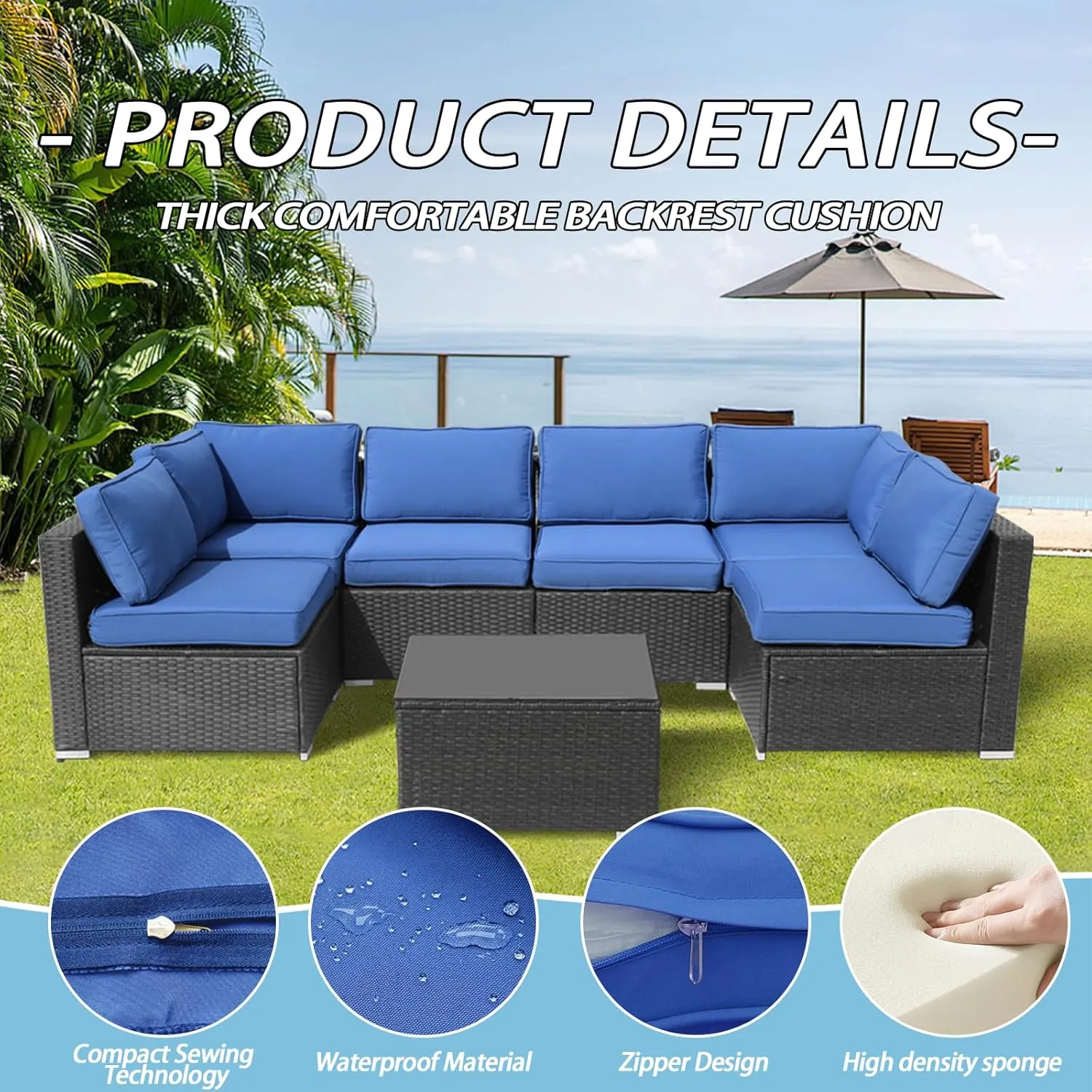 Patio Furniture Cushions,14Pieces Water-Resistant Outdoor Replacement Cushions,Sectional Sofa Cushions for Fits 6-Seats Rattan Wicker Patio Conversation Sets(Blue)