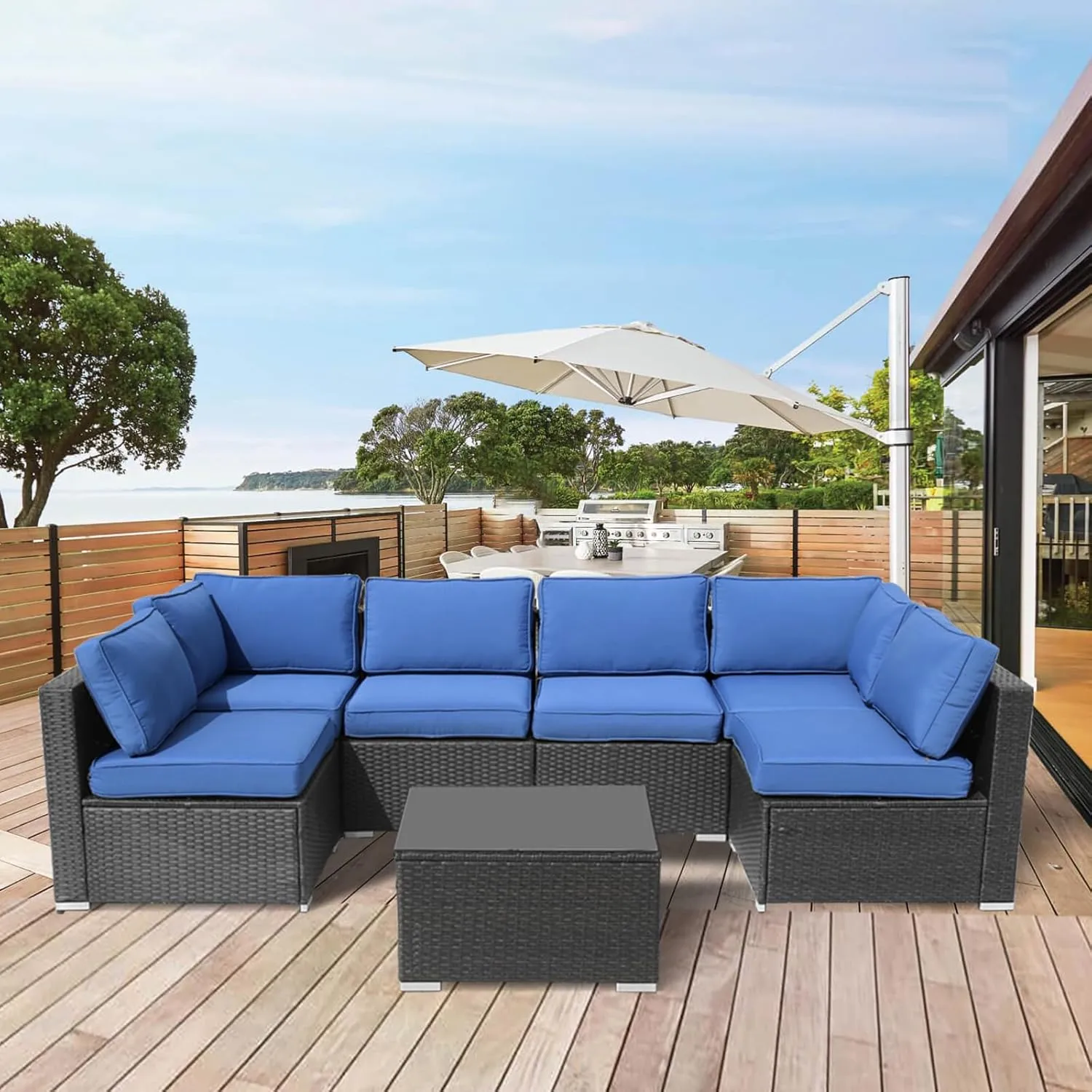 Patio Furniture Cushions,14Pieces Water-Resistant Outdoor Replacement Cushions,Sectional Sofa Cushions for Fits 6-Seats Rattan Wicker Patio Conversation Sets(Blue)