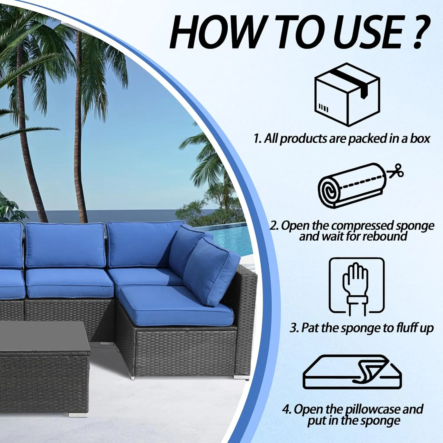 Patio Furniture Cushions,14Pieces Water-Resistant Outdoor Replacement Cushions,Sectional Sofa Cushions for Fits 6-Seats Rattan Wicker Patio Conversation Sets(Blue)