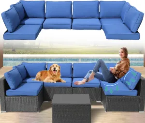 Patio Furniture Cushions,14Pieces Water-Resistant Outdoor Replacement Cushions,Sectional Sofa Cushions for Fits 6-Seats Rattan Wicker Patio Conversation Sets(Blue)
