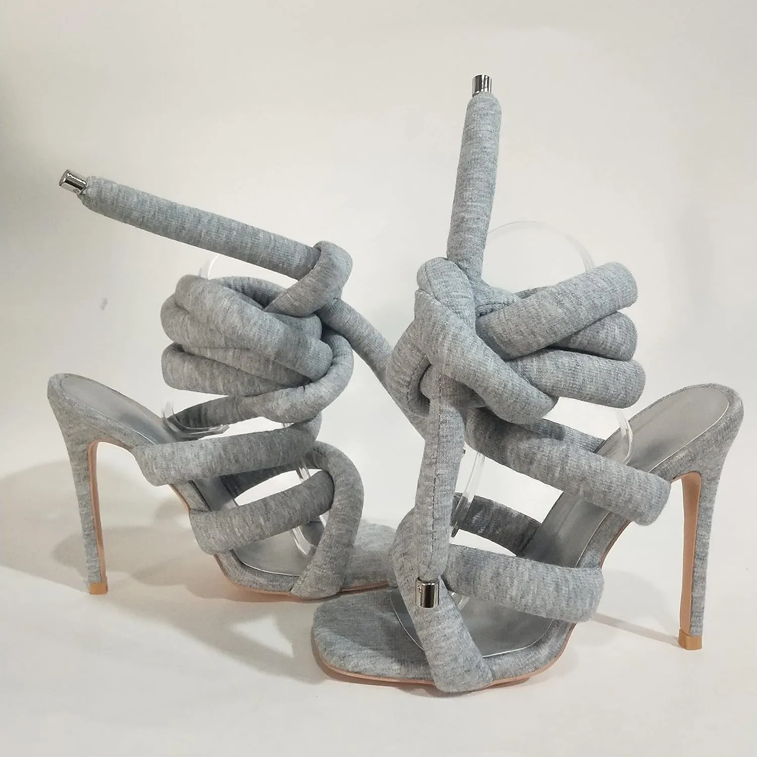 perixir Strappy High Heels Gladiator Sandals With Grey Jersey Knit Fallopian Cloth Rope Lace Up Sexy Open Toe Square Stilettos Tie Up Heeled Sandals For Women US Size 6-13