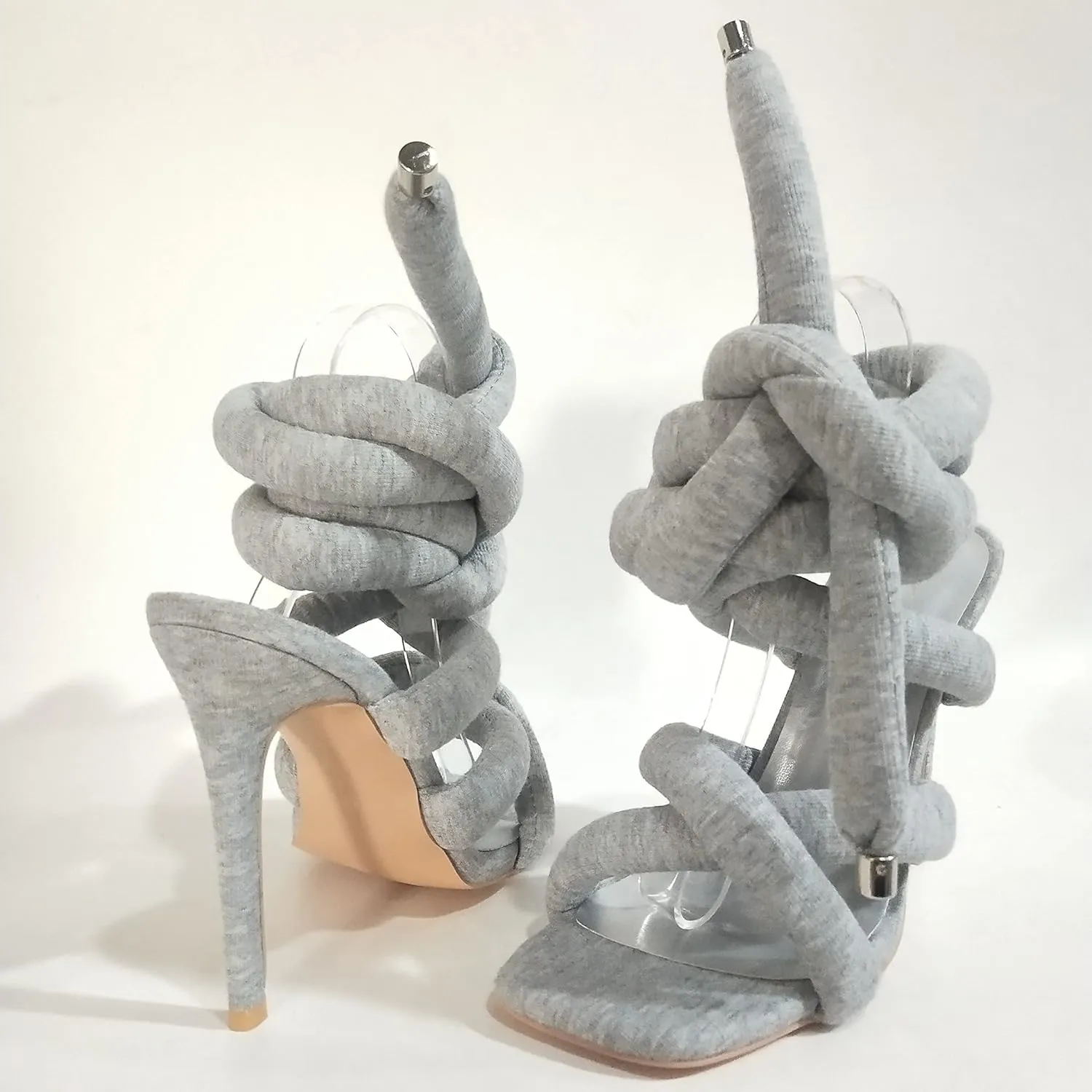 perixir Strappy High Heels Gladiator Sandals With Grey Jersey Knit Fallopian Cloth Rope Lace Up Sexy Open Toe Square Stilettos Tie Up Heeled Sandals For Women US Size 6-13