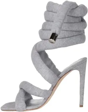 perixir Strappy High Heels Gladiator Sandals With Grey Jersey Knit Fallopian Cloth Rope Lace Up Sexy Open Toe Square Stilettos Tie Up Heeled Sandals For Women US Size 6-13