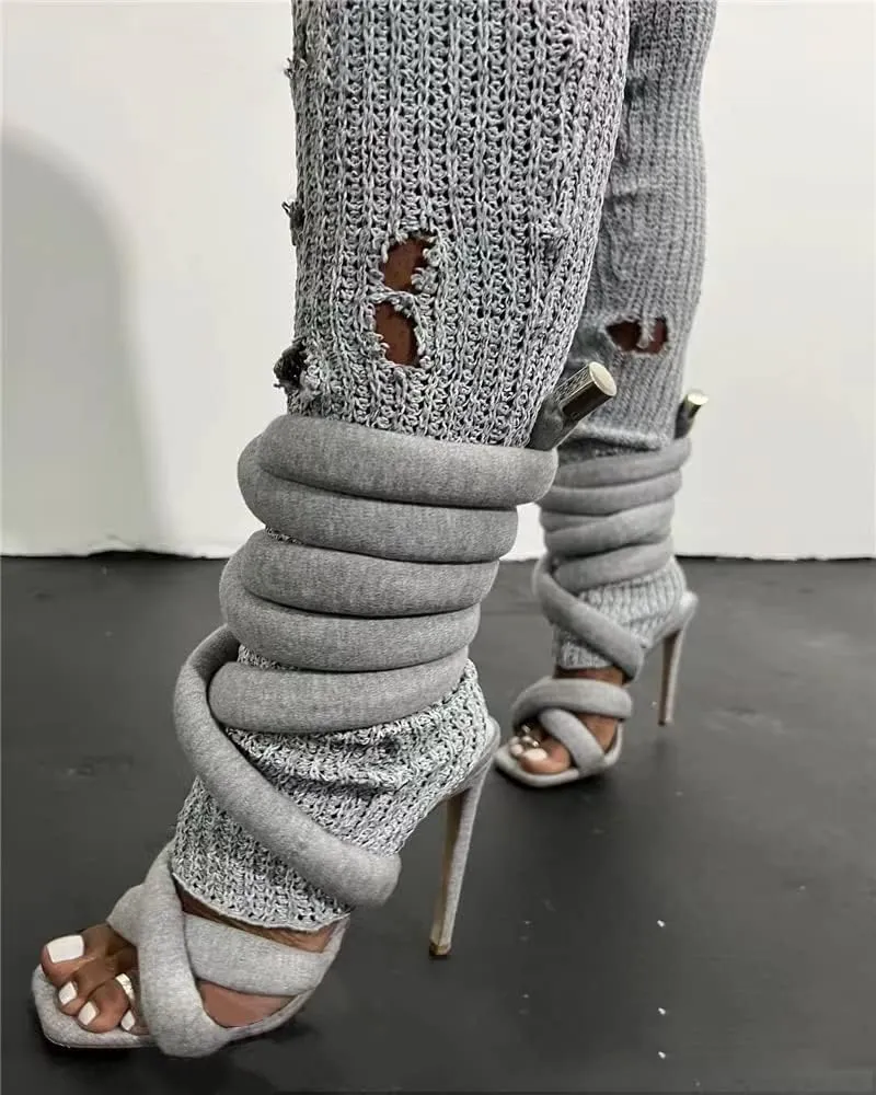 perixir Strappy High Heels Gladiator Sandals With Grey Jersey Knit Fallopian Cloth Rope Lace Up Sexy Open Toe Square Stilettos Tie Up Heeled Sandals For Women US Size 6-13