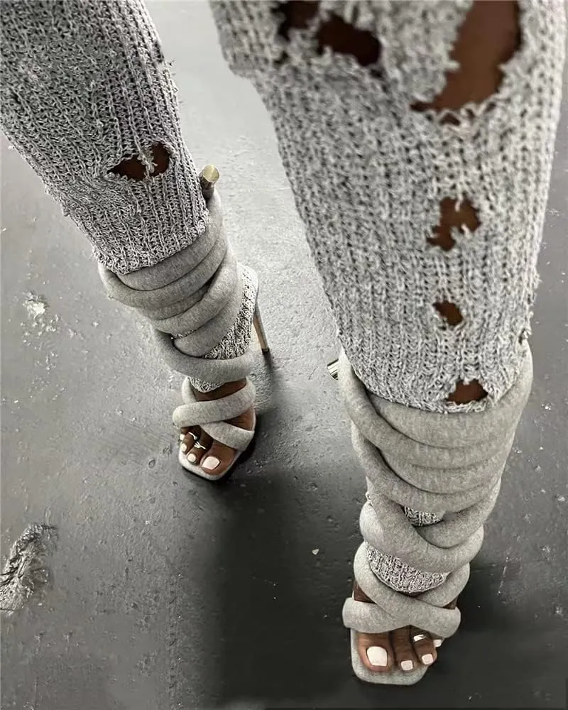 perixir Strappy High Heels Gladiator Sandals With Grey Jersey Knit Fallopian Cloth Rope Lace Up Sexy Open Toe Square Stilettos Tie Up Heeled Sandals For Women US Size 6-13
