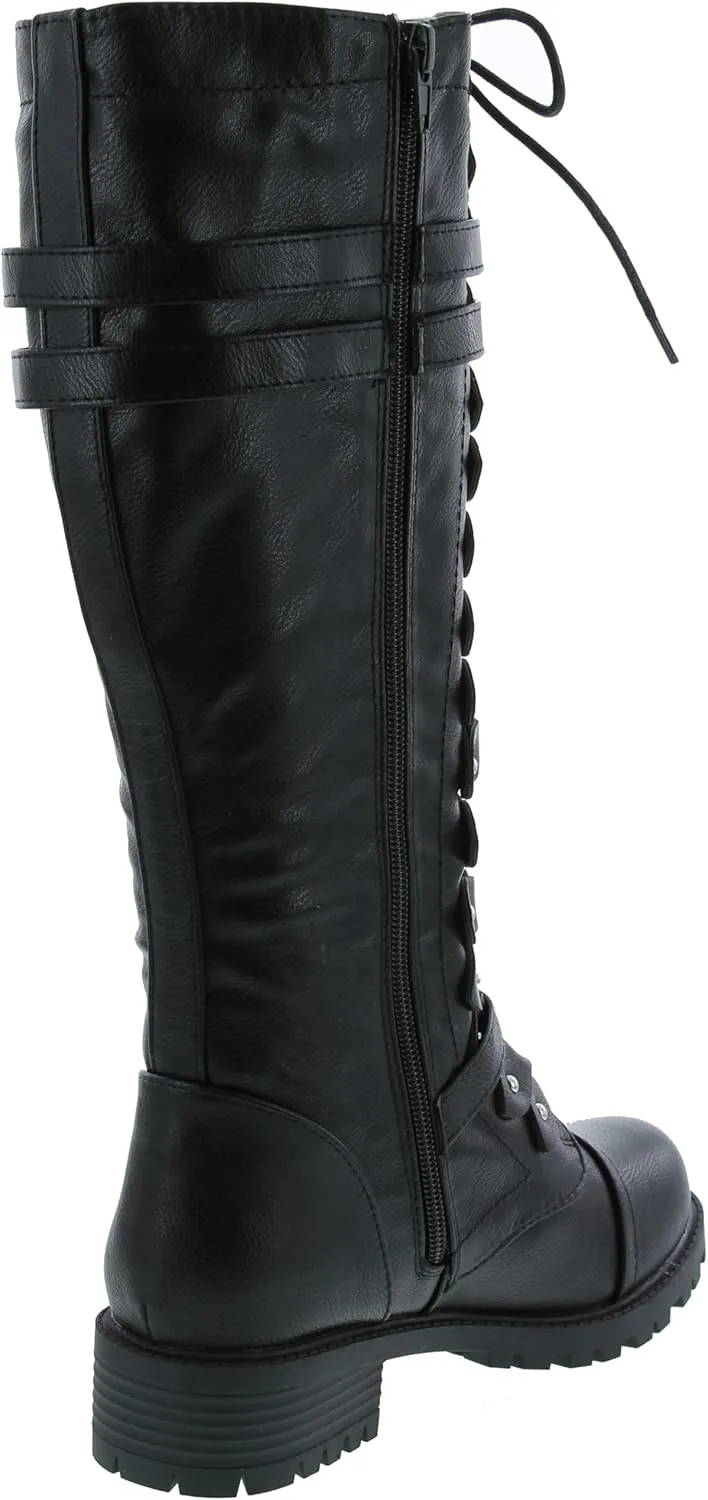 Premier Standard - Women's Lace-Up Strappy Knee High Combat Stacked Heel Boot
