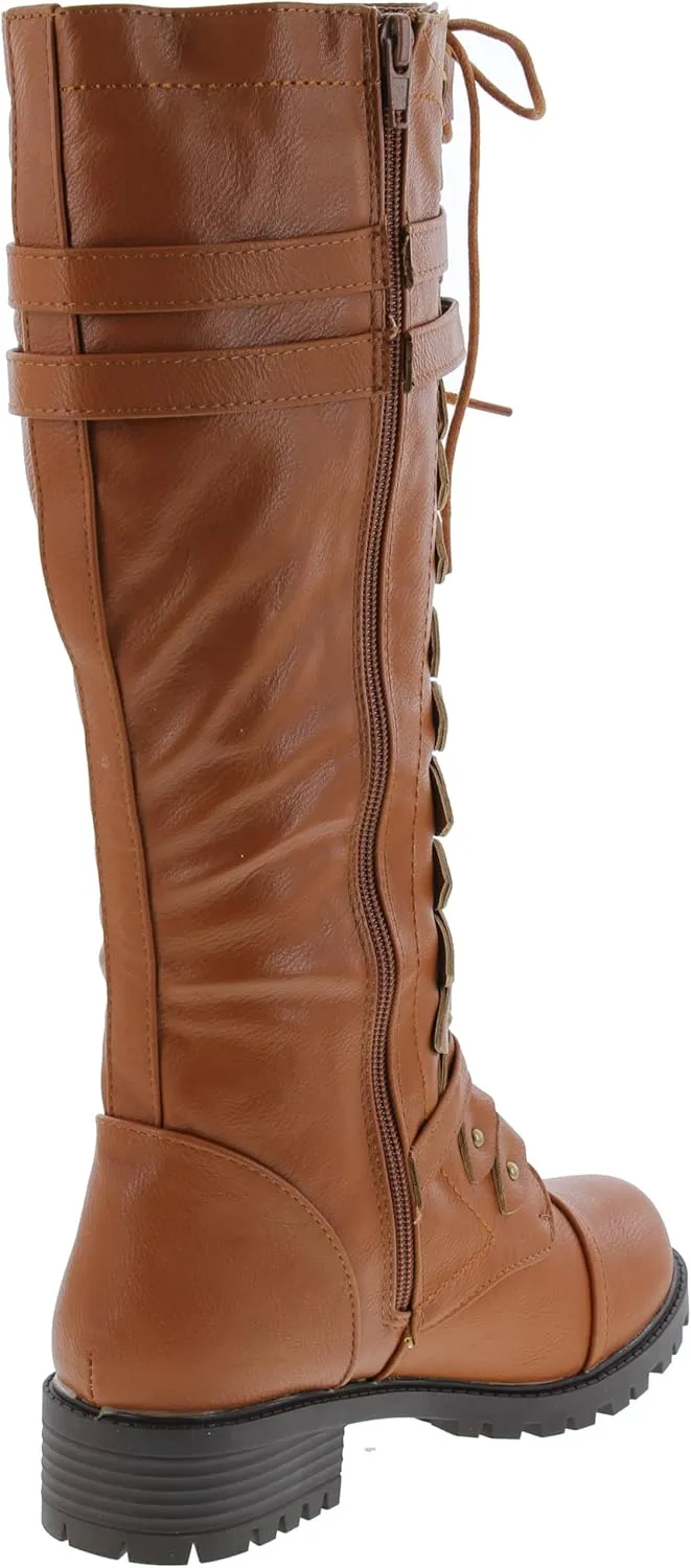Premier Standard - Women's Lace-Up Strappy Knee High Combat Stacked Heel Boot