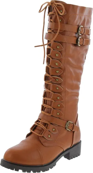 Premier Standard - Women's Lace-Up Strappy Knee High Combat Stacked Heel Boot