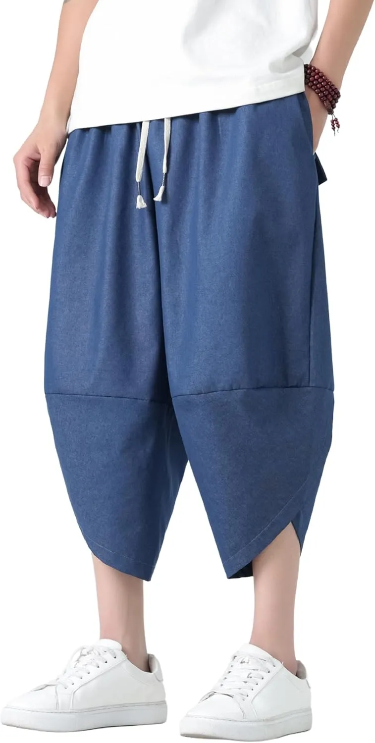 PRIJOUHE Men's Casual Wide Leg Baggy Harem Pant Lightweight Drop Crotch Summer Beach Linen Capri Pants