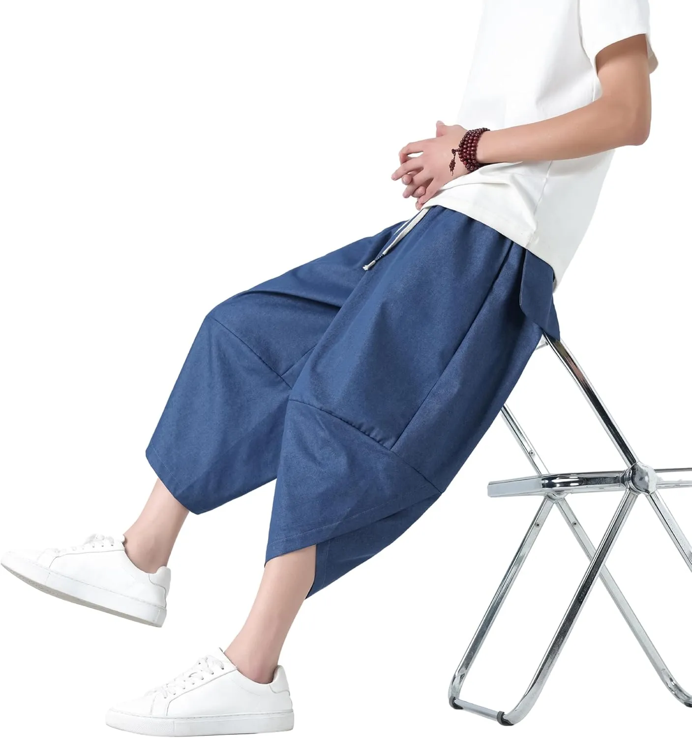 PRIJOUHE Men's Casual Wide Leg Baggy Harem Pant Lightweight Drop Crotch Summer Beach Linen Capri Pants