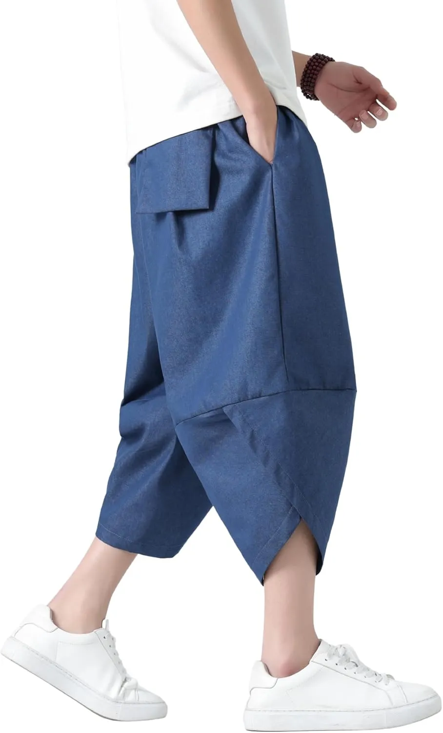 PRIJOUHE Men's Casual Wide Leg Baggy Harem Pant Lightweight Drop Crotch Summer Beach Linen Capri Pants