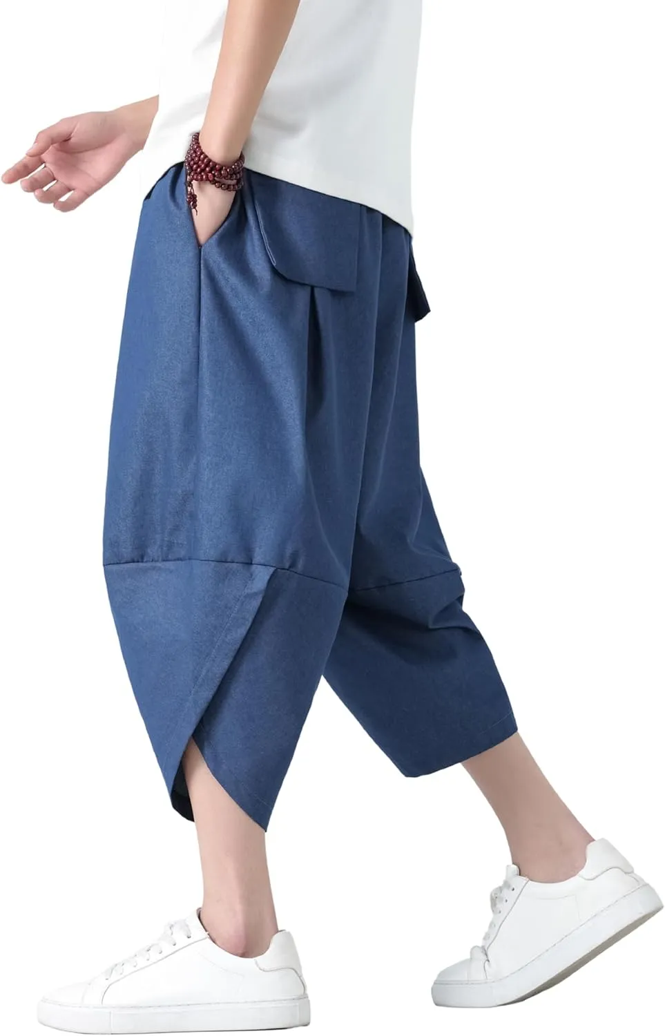 PRIJOUHE Men's Casual Wide Leg Baggy Harem Pant Lightweight Drop Crotch Summer Beach Linen Capri Pants