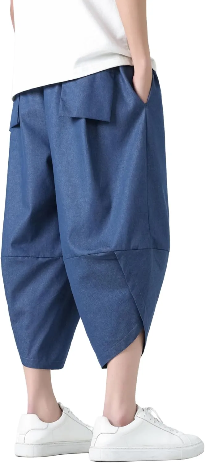 PRIJOUHE Men's Casual Wide Leg Baggy Harem Pant Lightweight Drop Crotch Summer Beach Linen Capri Pants