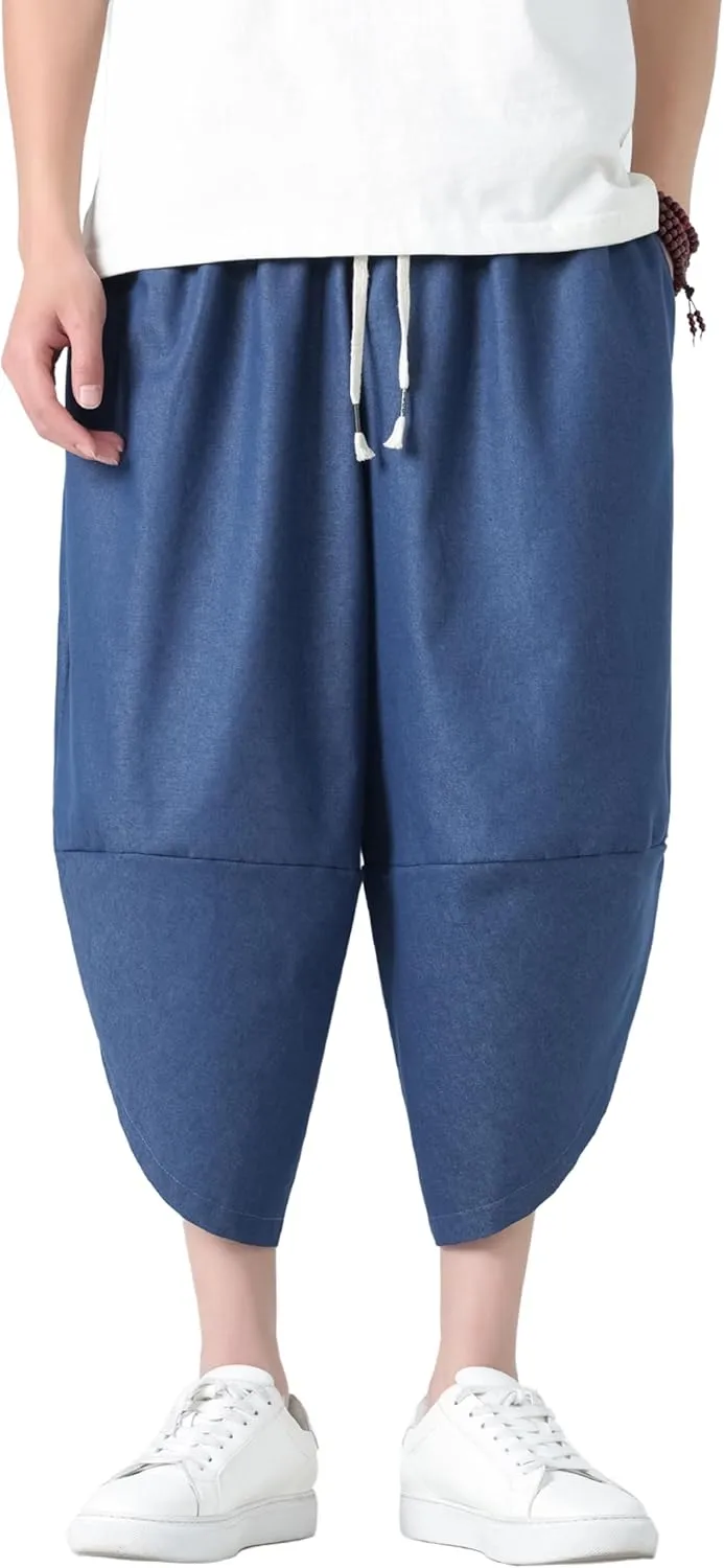 PRIJOUHE Men's Casual Wide Leg Baggy Harem Pant Lightweight Drop Crotch Summer Beach Linen Capri Pants