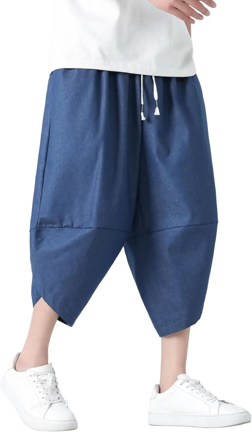 PRIJOUHE Men's Casual Wide Leg Baggy Harem Pant Lightweight Drop Crotch Summer Beach Linen Capri Pants