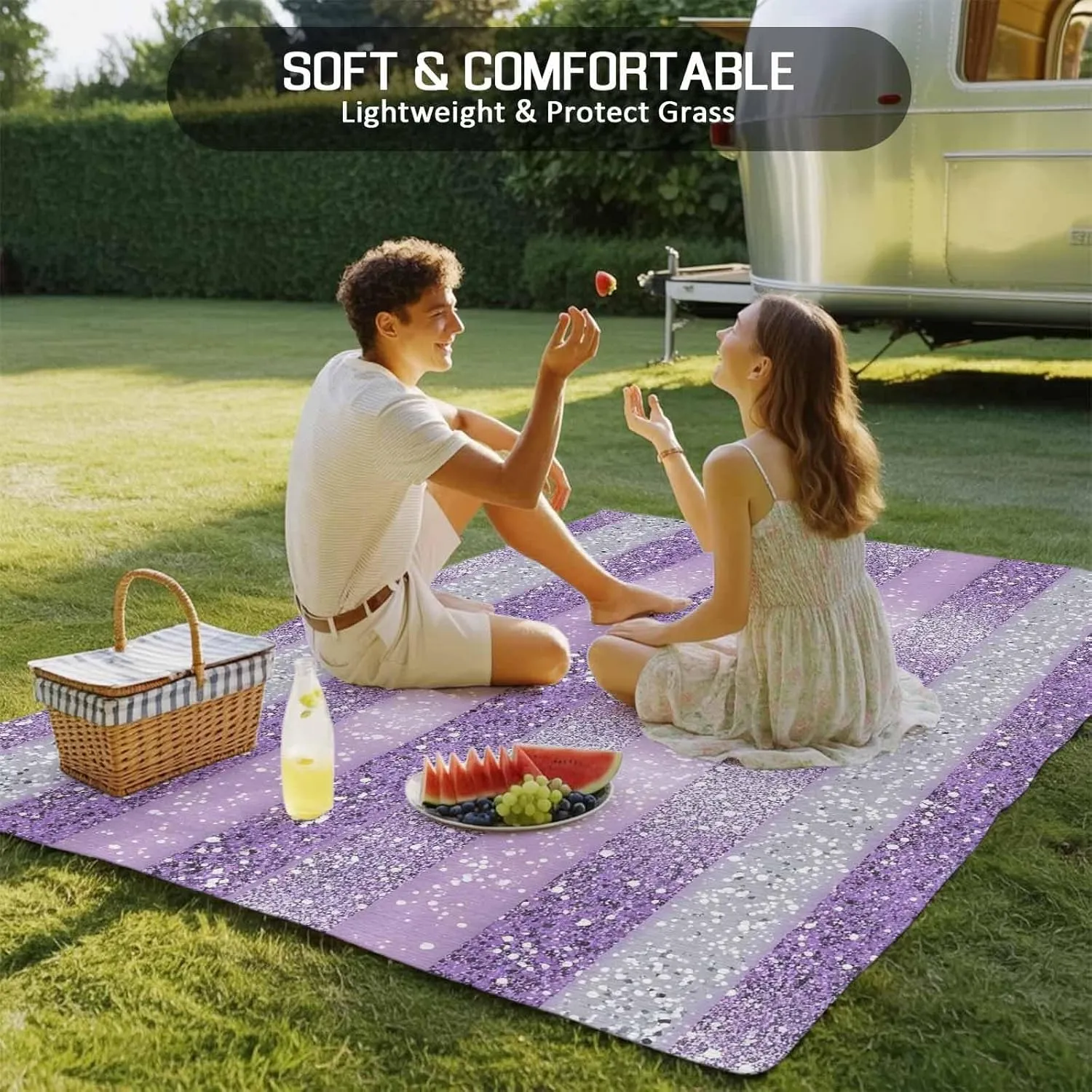 Purple Silvery Outdoor Rug 6x9ft Large Patio Rug,Washable RV Camping Outside Area Runner Rug Mat,Geometric Ombre Stripe Boho Sparkling Dot Carpet for Picnic Backyard Deck Porch Balcony Beach & Indoor