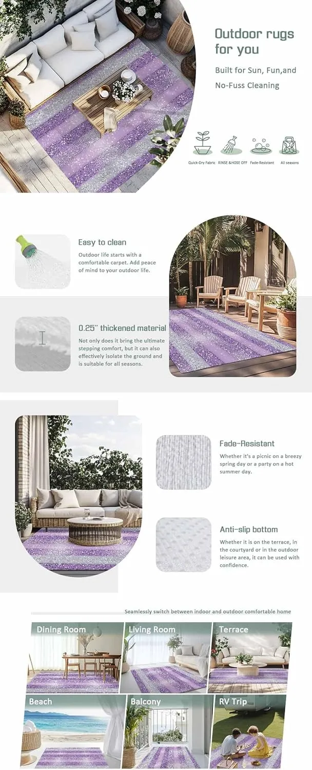 Purple Silvery Outdoor Rug 6x9ft Large Patio Rug,Washable RV Camping Outside Area Runner Rug Mat,Geometric Ombre Stripe Boho Sparkling Dot Carpet for Picnic Backyard Deck Porch Balcony Beach & Indoor