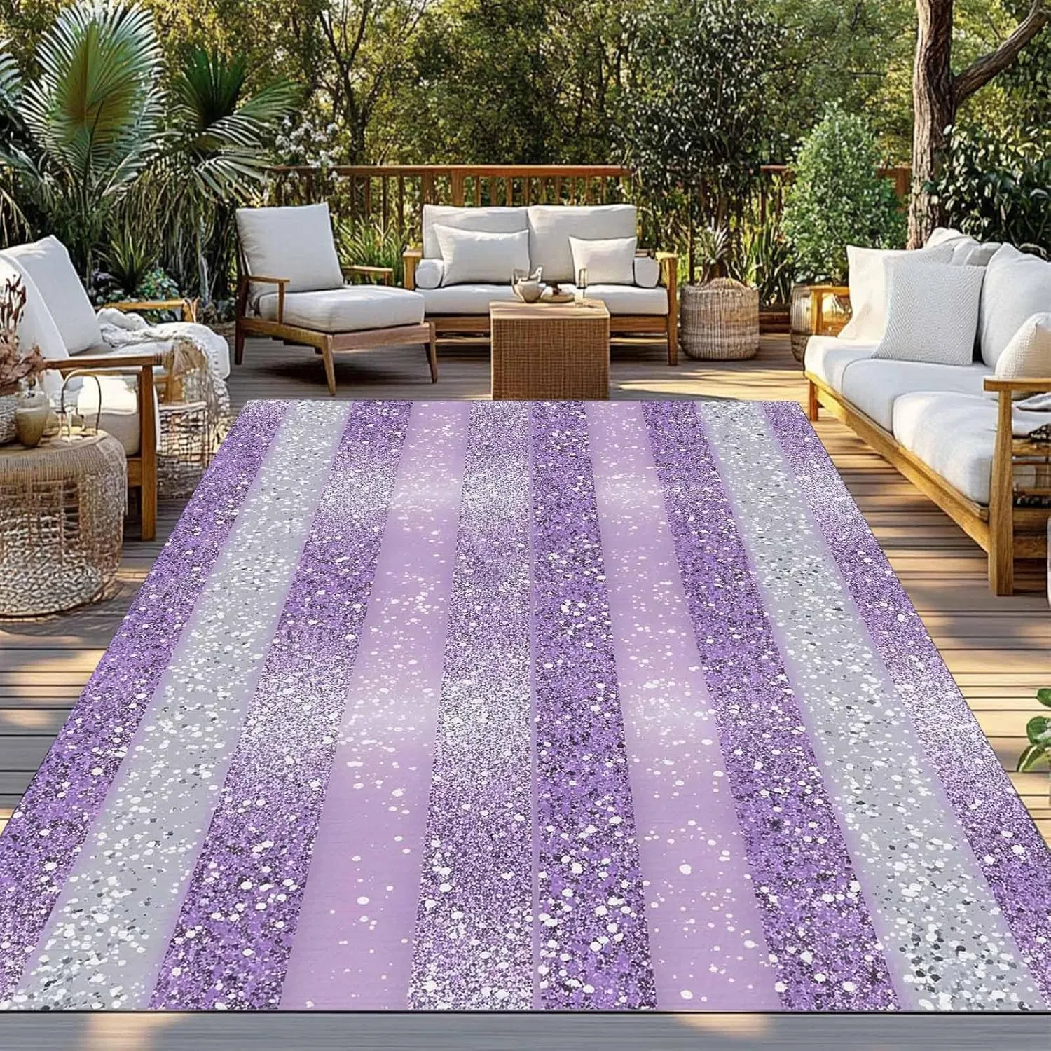 Purple Silvery Outdoor Rug 6x9ft Large Patio Rug,Washable RV Camping Outside Area Runner Rug Mat,Geometric Ombre Stripe Boho Sparkling Dot Carpet for Picnic Backyard Deck Porch Balcony Beach & Indoor