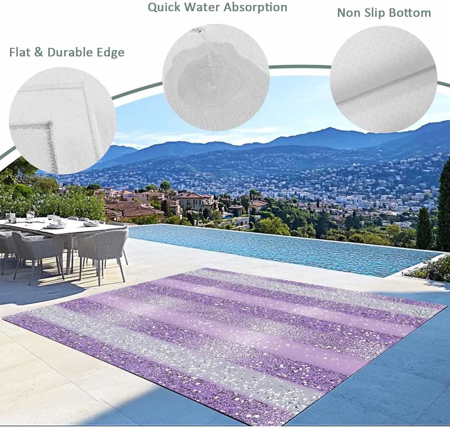 Purple Silvery Outdoor Rug 6x9ft Large Patio Rug,Washable RV Camping Outside Area Runner Rug Mat,Geometric Ombre Stripe Boho Sparkling Dot Carpet for Picnic Backyard Deck Porch Balcony Beach & Indoor