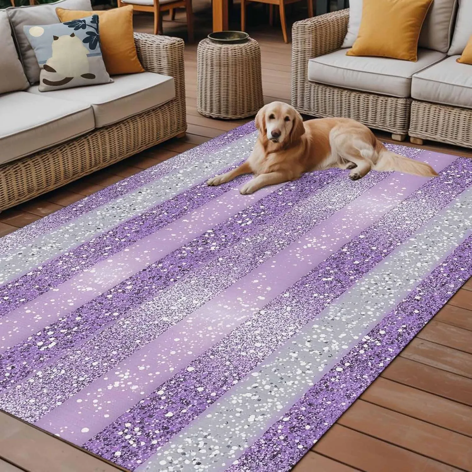 Purple Silvery Outdoor Rug 6x9ft Large Patio Rug,Washable RV Camping Outside Area Runner Rug Mat,Geometric Ombre Stripe Boho Sparkling Dot Carpet for Picnic Backyard Deck Porch Balcony Beach & Indoor
