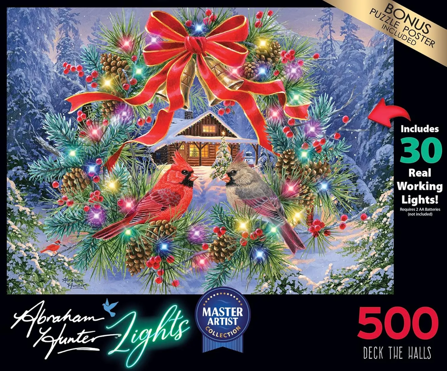 RoseArt - Abraham Hunter Light Up - Deck The Halls - 500 Piece Jigsaw Puzzle for Adults