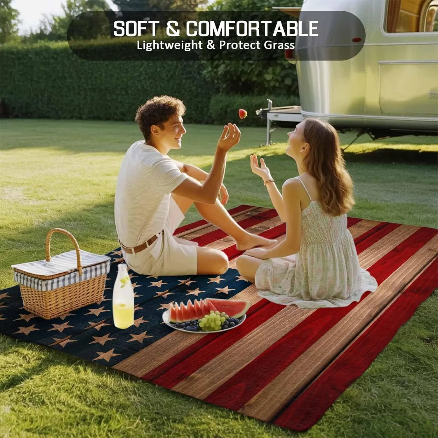 Rustic Flag Outdoor Rug 4x6ft Large Patio Rug,Washable RV Camping Outside Area Runner Rug Mat,Red Blue American Star Stripe Wooded Plank Carpet for Picnic Backyard Deck Porch Balcony Beach & Indoor