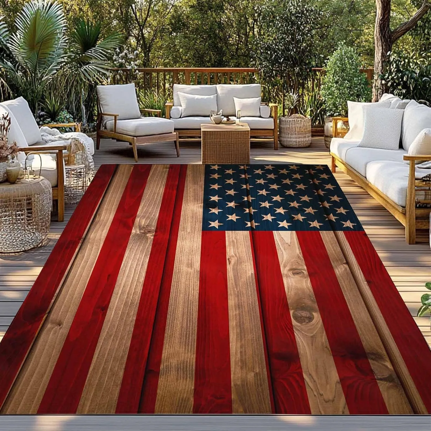 Rustic Flag Outdoor Rug 4x6ft Large Patio Rug,Washable RV Camping Outside Area Runner Rug Mat,Red Blue American Star Stripe Wooded Plank Carpet for Picnic Backyard Deck Porch Balcony Beach & Indoor