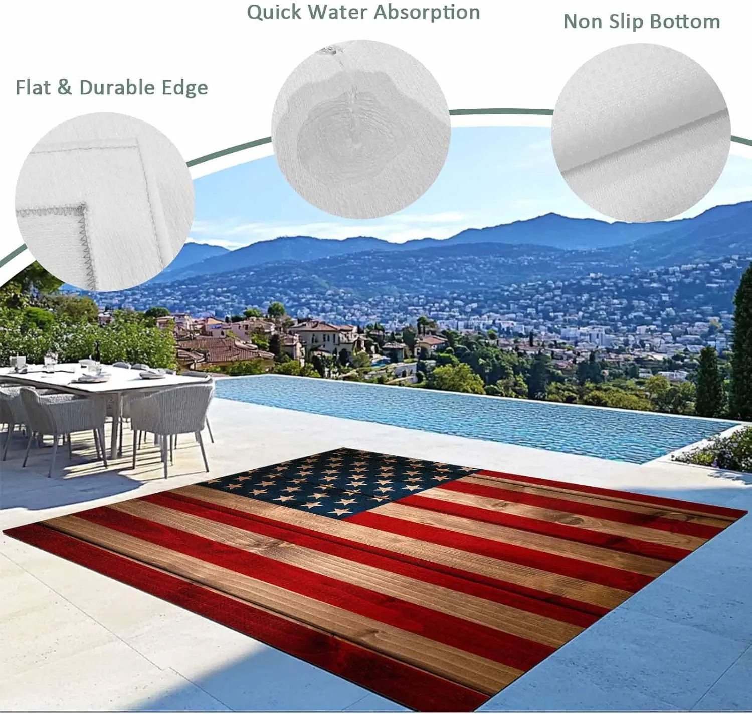 Rustic Flag Outdoor Rug 4x6ft Large Patio Rug,Washable RV Camping Outside Area Runner Rug Mat,Red Blue American Star Stripe Wooded Plank Carpet for Picnic Backyard Deck Porch Balcony Beach & Indoor
