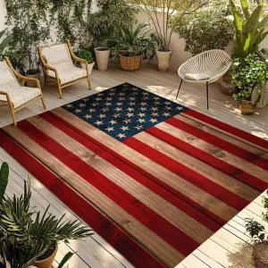 Rustic Flag Outdoor Rug 4x6ft Large Patio Rug,Washable RV Camping Outside Area Runner Rug Mat,Red Blue American Star Stripe Wooded Plank Carpet for Picnic Backyard Deck Porch Balcony Beach & Indoor
