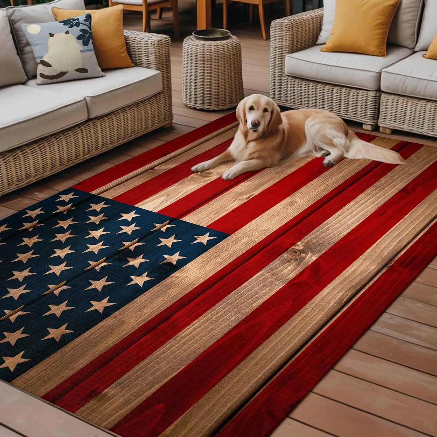 Rustic Flag Outdoor Rug 4x6ft Large Patio Rug,Washable RV Camping Outside Area Runner Rug Mat,Red Blue American Star Stripe Wooded Plank Carpet for Picnic Backyard Deck Porch Balcony Beach & Indoor