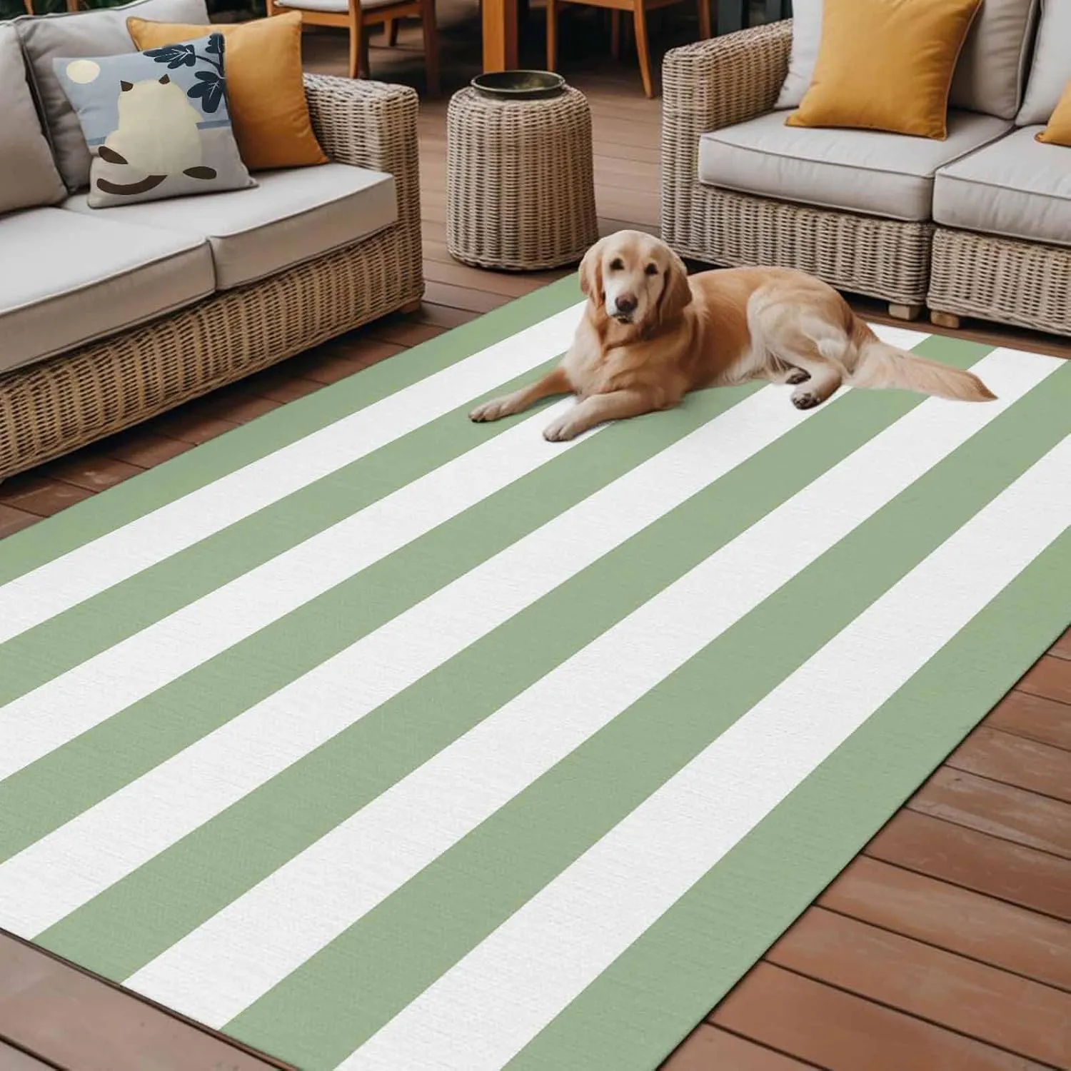 Sage Green Outdoor Patio Rug 6x9ft Large, Washable RV Camping Outside Area Runner Rug Mat, Contemporary Minimalist Geometric Stripe Indoor Outdoor Carpet for Picnic Backyard Deck Porch Balcony Beach