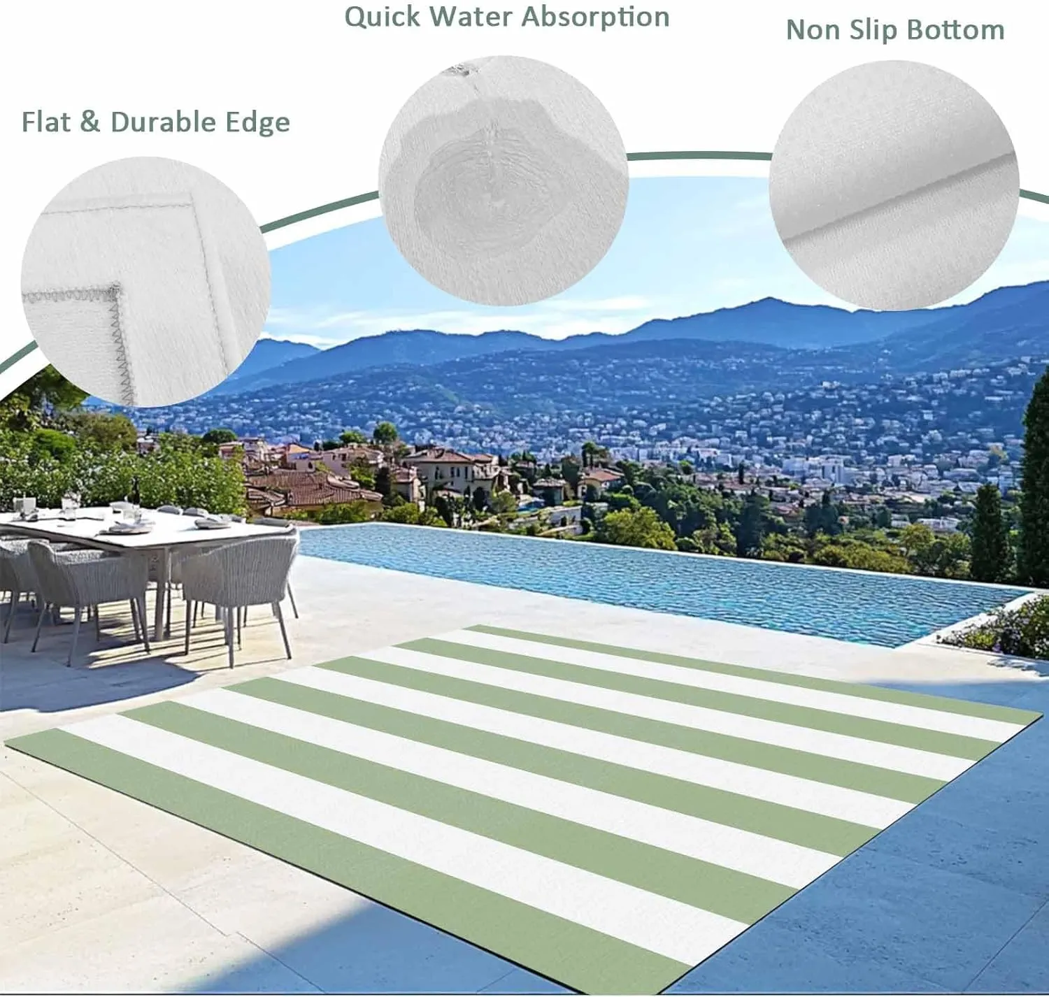 Sage Green Outdoor Patio Rug 6x9ft Large, Washable RV Camping Outside Area Runner Rug Mat, Contemporary Minimalist Geometric Stripe Indoor Outdoor Carpet for Picnic Backyard Deck Porch Balcony Beach