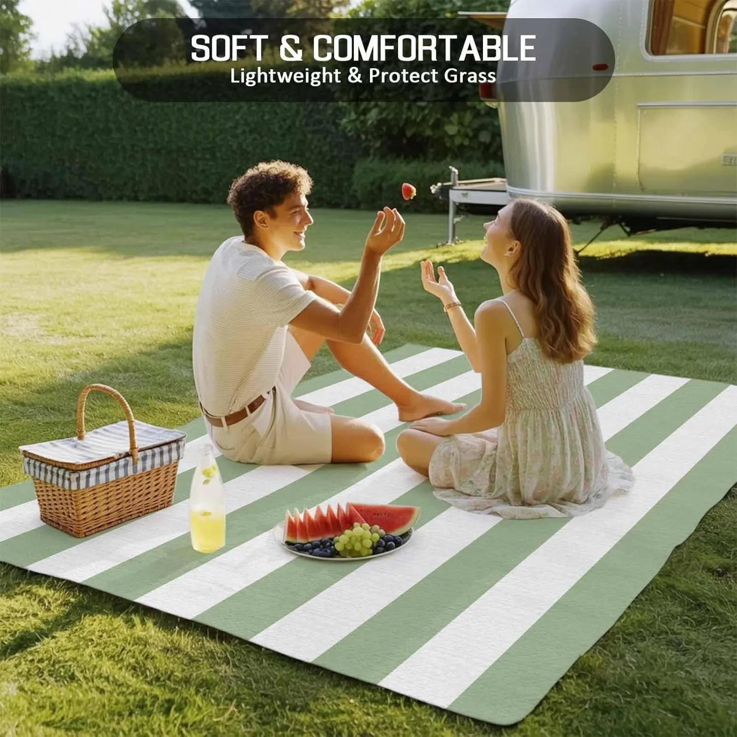 Sage Green Outdoor Patio Rug 6x9ft Large, Washable RV Camping Outside Area Runner Rug Mat, Contemporary Minimalist Geometric Stripe Indoor Outdoor Carpet for Picnic Backyard Deck Porch Balcony Beach
