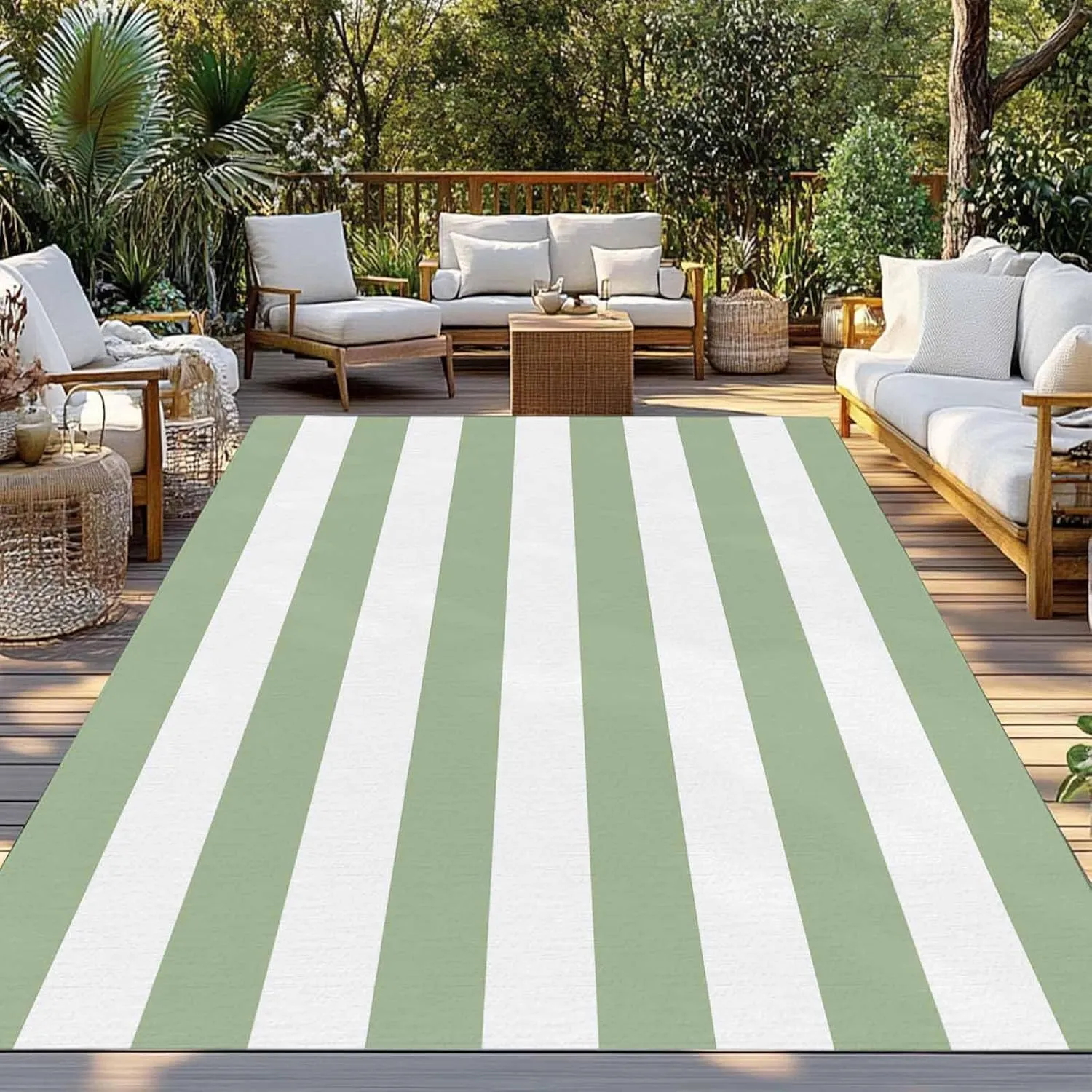 Sage Green Outdoor Patio Rug 6x9ft Large, Washable RV Camping Outside Area Runner Rug Mat, Contemporary Minimalist Geometric Stripe Indoor Outdoor Carpet for Picnic Backyard Deck Porch Balcony Beach