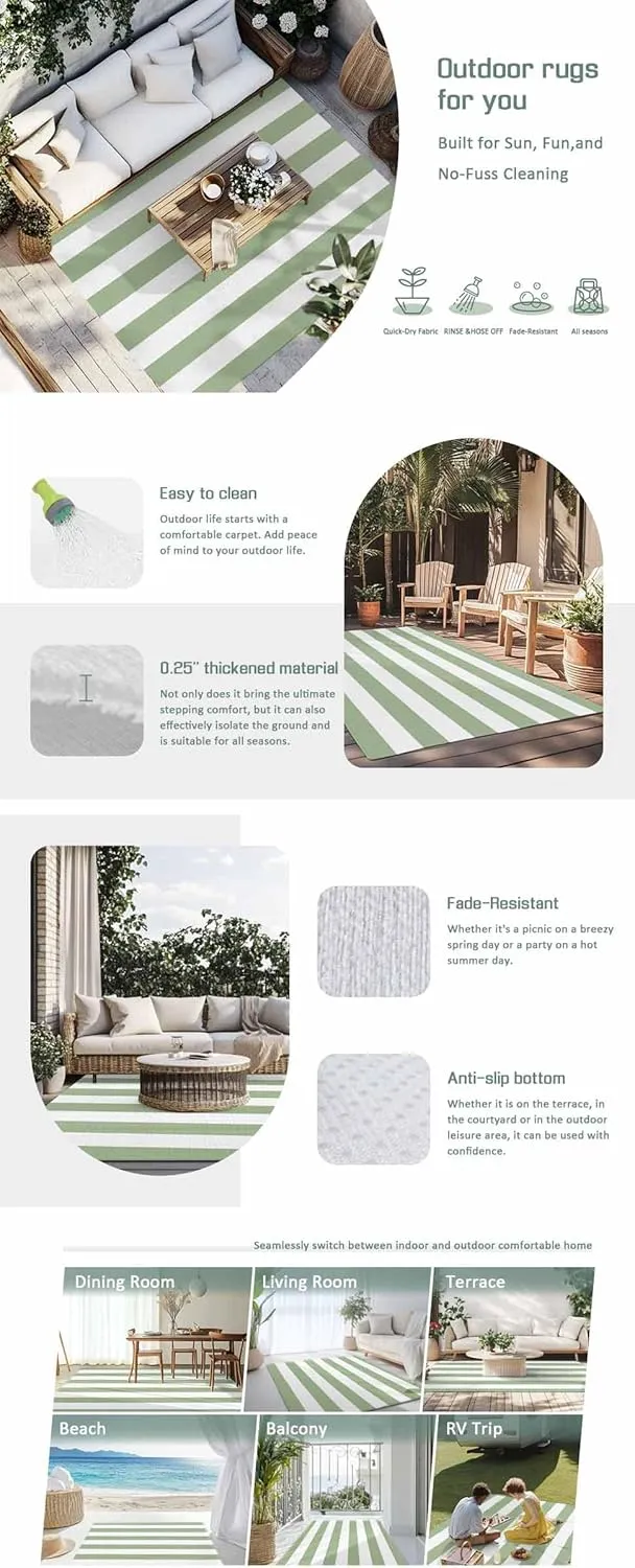 Sage Green Outdoor Patio Rug 6x9ft Large, Washable RV Camping Outside Area Runner Rug Mat, Contemporary Minimalist Geometric Stripe Indoor Outdoor Carpet for Picnic Backyard Deck Porch Balcony Beach