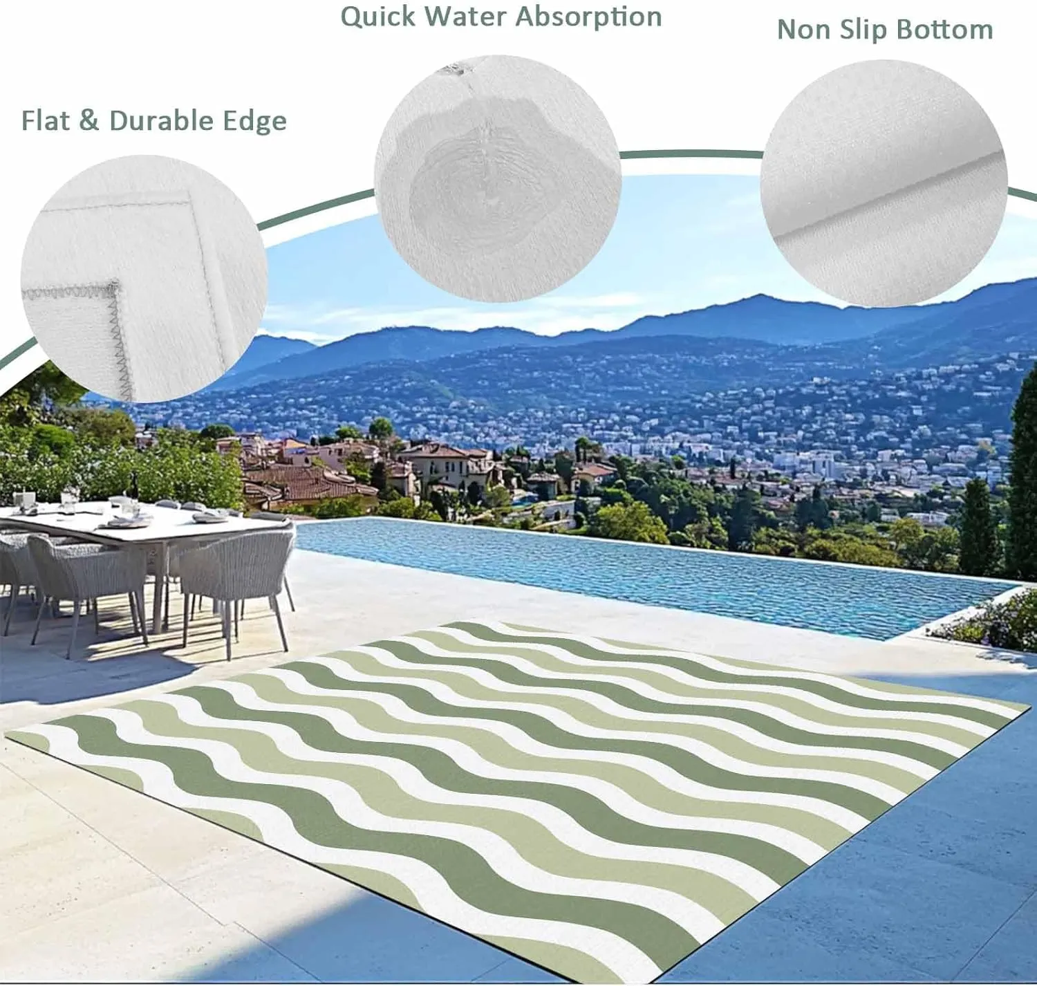 Sage Green Outdoor Rug 4x6ft Large Patio Rug, Washable RV Camping Outside Area Runner Rug Mat, Abstract Geometric Ocean Wave Stripe Indoor Outdoor Carpet for Picnic Backyard Deck Porch Balcony Beach