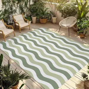 Sage Green Outdoor Rug 4x6ft Large Patio Rug, Washable RV Camping Outside Area Runner Rug Mat, Abstract Geometric Ocean Wave Stripe Indoor Outdoor Carpet for Picnic Backyard Deck Porch Balcony Beach