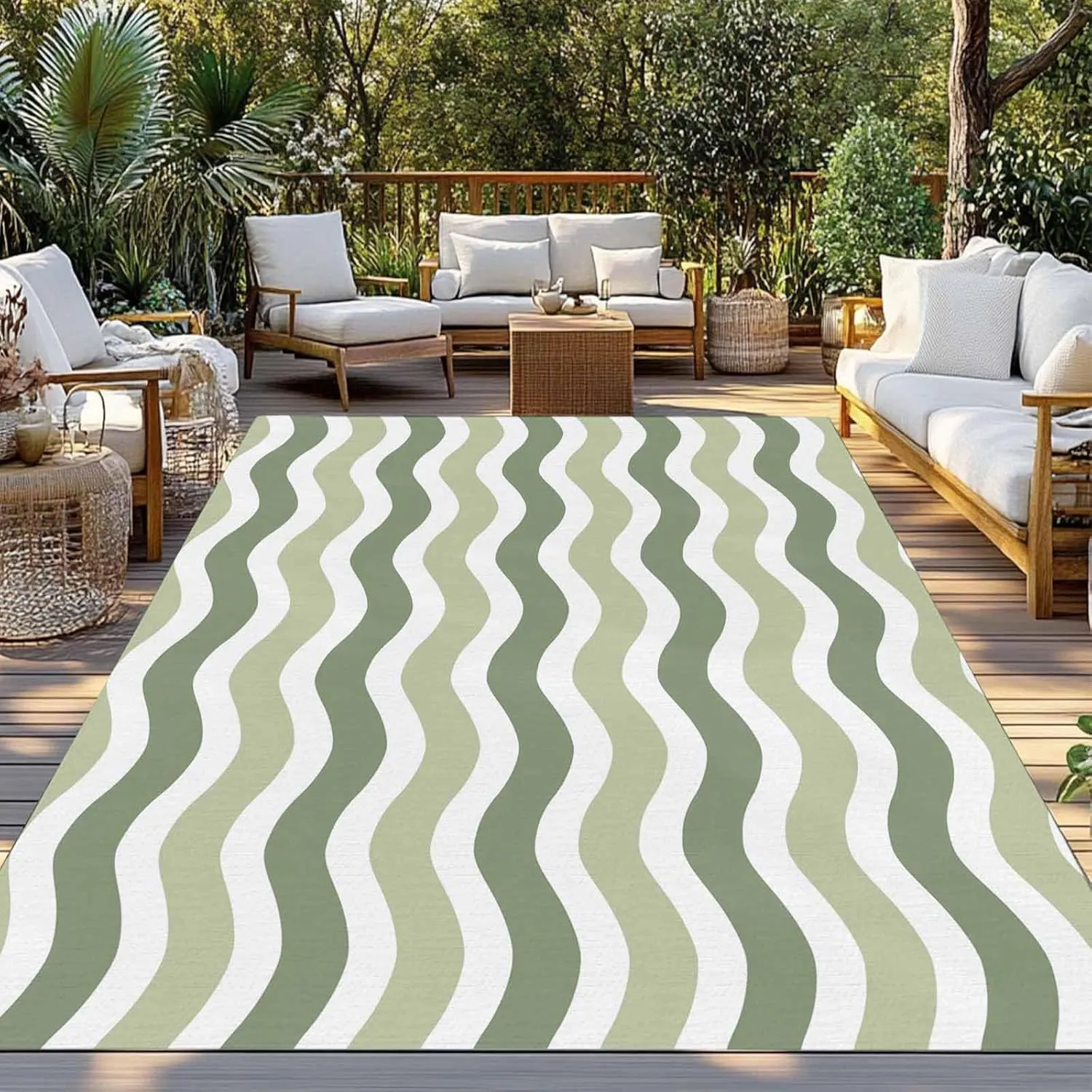 Sage Green Outdoor Rug 4x6ft Large Patio Rug, Washable RV Camping Outside Area Runner Rug Mat, Abstract Geometric Ocean Wave Stripe Indoor Outdoor Carpet for Picnic Backyard Deck Porch Balcony Beach