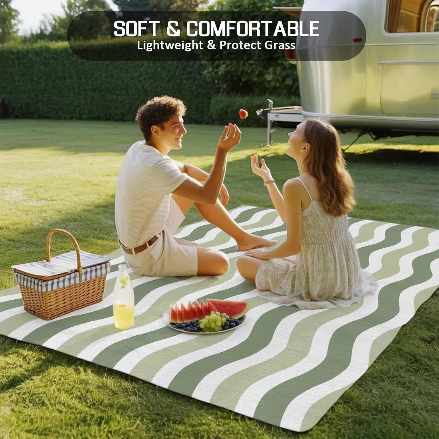 Sage Green Outdoor Rug 4x6ft Large Patio Rug, Washable RV Camping Outside Area Runner Rug Mat, Abstract Geometric Ocean Wave Stripe Indoor Outdoor Carpet for Picnic Backyard Deck Porch Balcony Beach