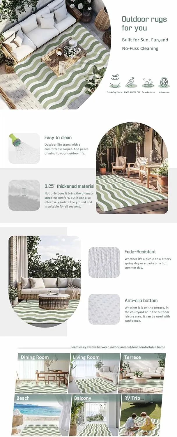 Sage Green Outdoor Rug 4x6ft Large Patio Rug, Washable RV Camping Outside Area Runner Rug Mat, Abstract Geometric Ocean Wave Stripe Indoor Outdoor Carpet for Picnic Backyard Deck Porch Balcony Beach