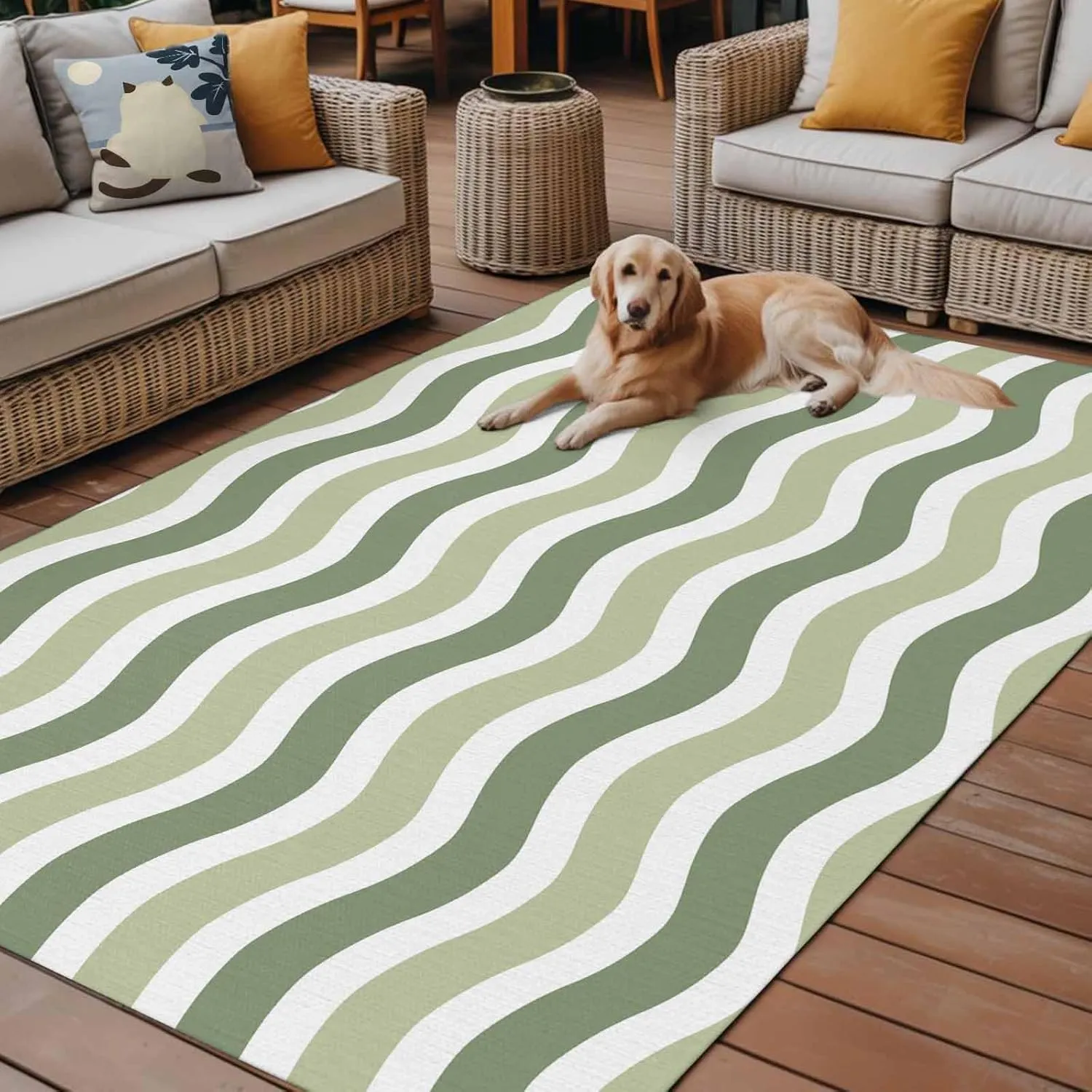 Sage Green Outdoor Rug 4x6ft Large Patio Rug, Washable RV Camping Outside Area Runner Rug Mat, Abstract Geometric Ocean Wave Stripe Indoor Outdoor Carpet for Picnic Backyard Deck Porch Balcony Beach