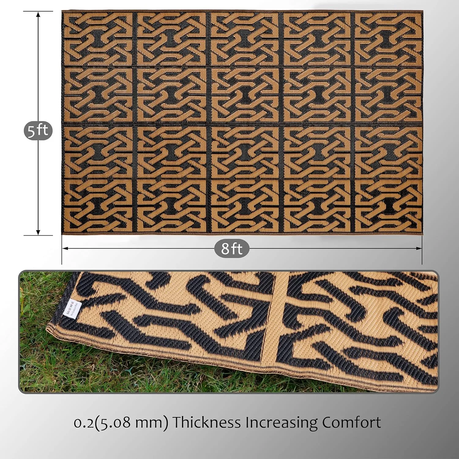 SAND MINE Reversible Mats, Plastic Straw Rug, Modern Area Rug, Large Floor Mat and Rug for Outdoors, RV, Patio, Backyard, Deck, Picnic, Beach, Camping, Trailer, Black & Brown, 5' x 8'