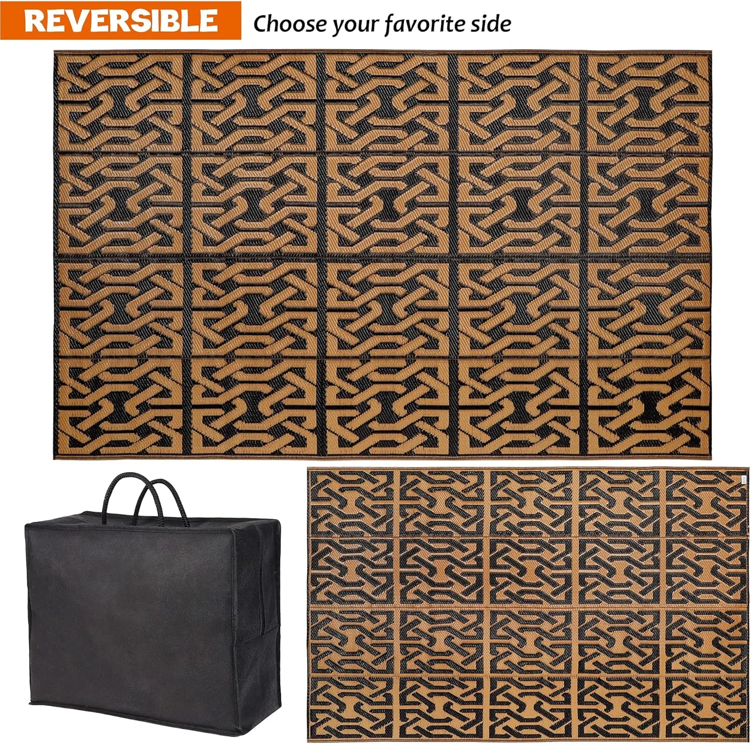 SAND MINE Reversible Mats, Plastic Straw Rug, Modern Area Rug, Large Floor Mat and Rug for Outdoors, RV, Patio, Backyard, Deck, Picnic, Beach, Camping, Trailer, Black & Brown, 5' x 8'