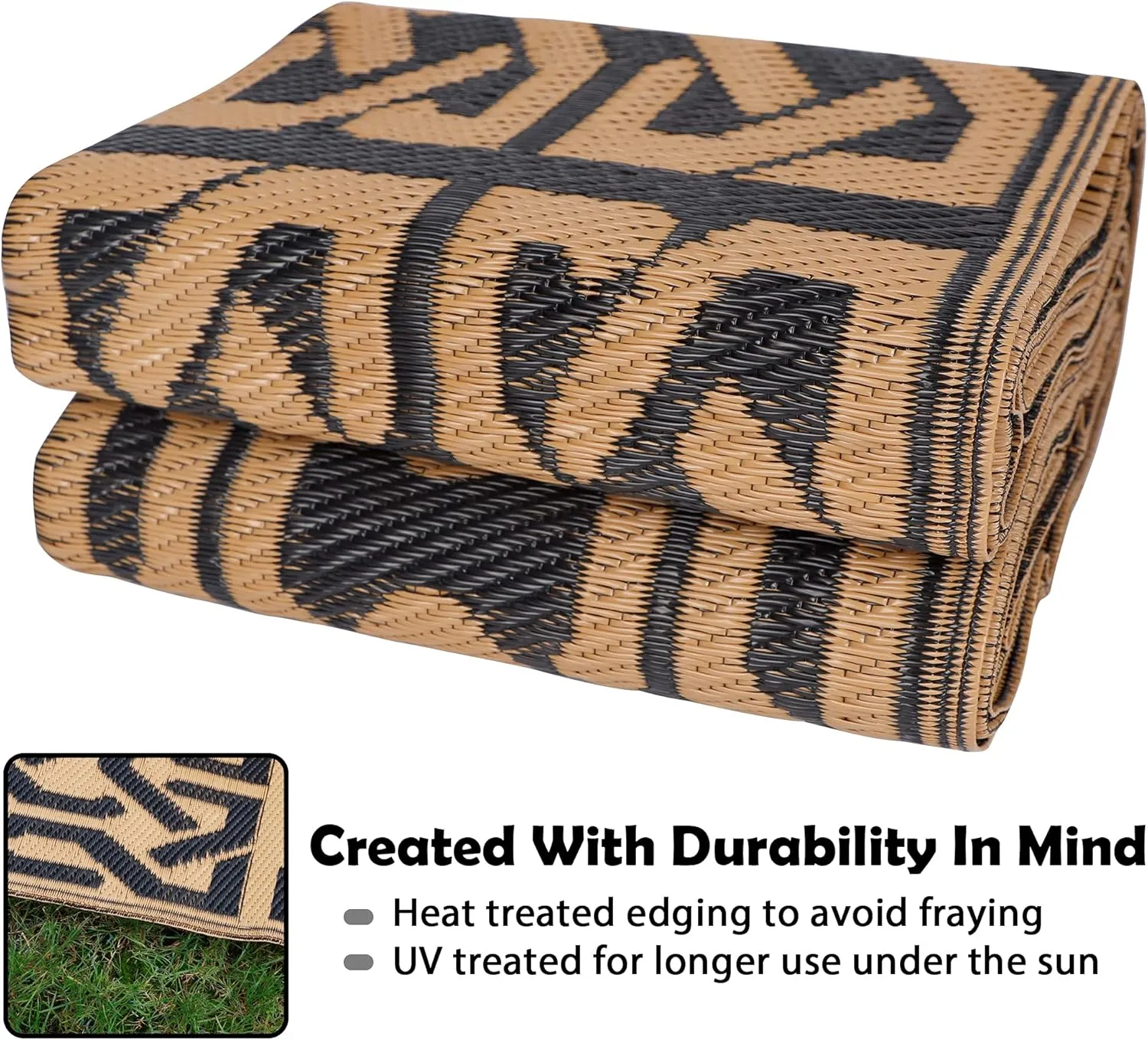 SAND MINE Reversible Mats, Plastic Straw Rug, Modern Area Rug, Large Floor Mat and Rug for Outdoors, RV, Patio, Backyard, Deck, Picnic, Beach, Camping, Trailer, Black & Brown, 5' x 8'