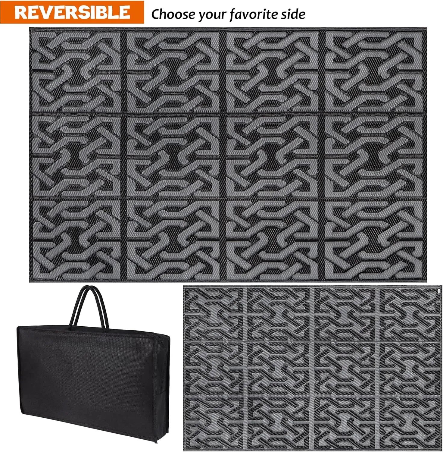 SAND MINE Reversible Mats, Plastic Straw Rug, Modern Area Rug, Large Floor Mat and Rug for Outdoors, RV, Patio, Backyard, Deck, Picnic, Beach, Trailer, Camping (4' x 6', Black & Grey)