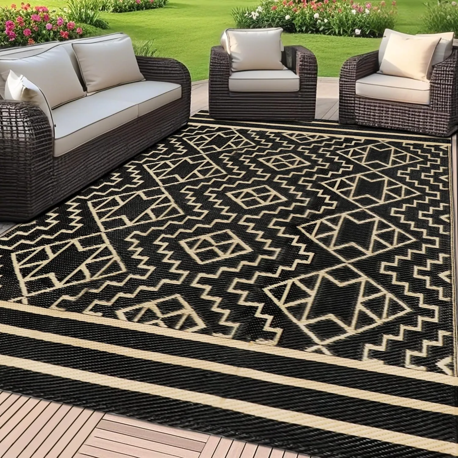 SAND MINE Reversible Mats, Plastic Straw Rug, Modern Area Rug, Large Floor Mat and Rug for Outdoors, RV, Patio, Backyard, Deck, Picnic, Beach, Trailer, Camping (5' x 8', Black & Beige)
