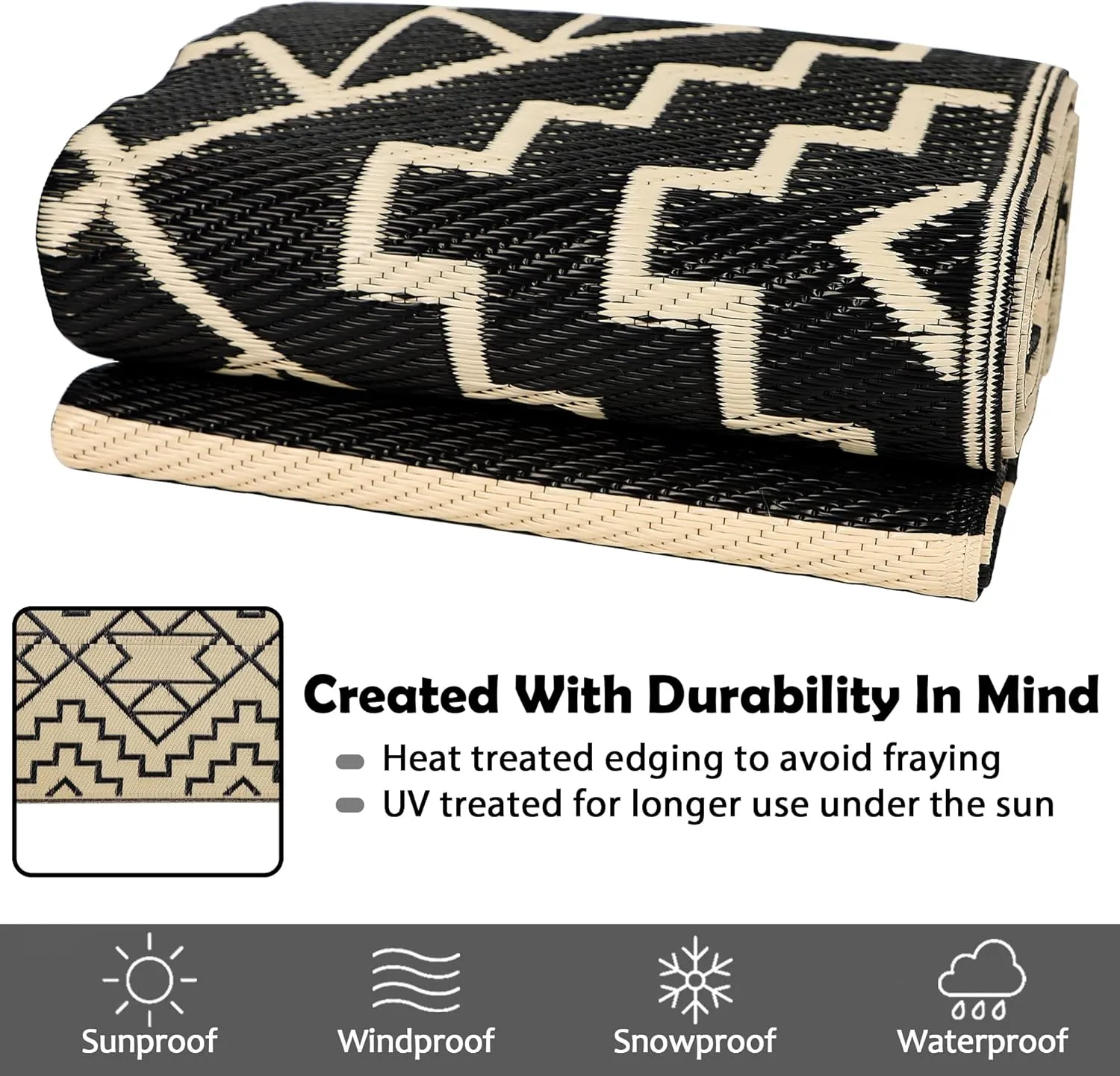 SAND MINE Reversible Mats, Plastic Straw Rug, Modern Area Rug, Large Floor Mat and Rug for Outdoors, RV, Patio, Backyard, Deck, Picnic, Beach, Trailer, Camping (5' x 8', Black & Beige)