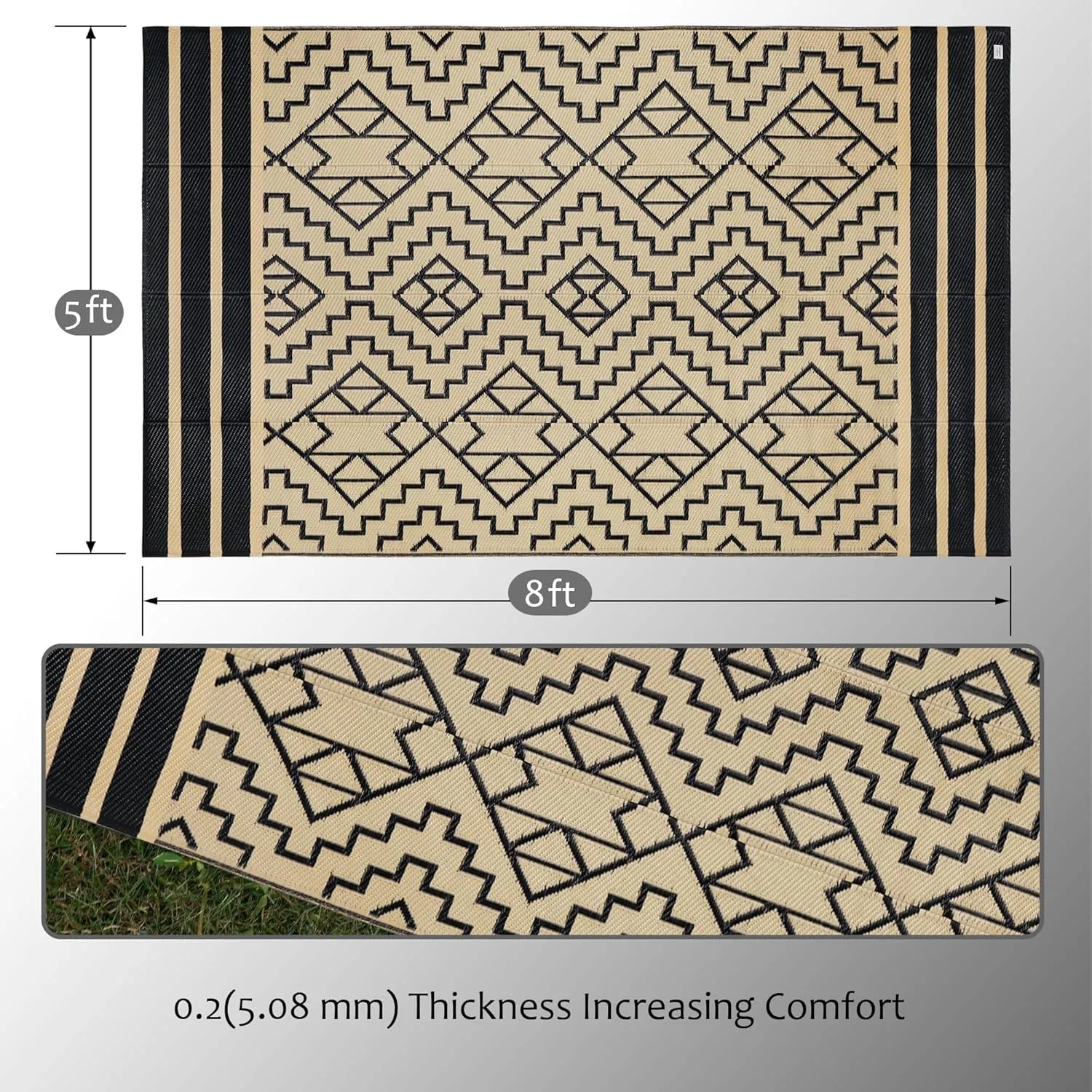 SAND MINE Reversible Mats, Plastic Straw Rug, Modern Area Rug, Large Floor Mat and Rug for Outdoors, RV, Patio, Backyard, Deck, Picnic, Beach, Trailer, Camping (5' x 8', Black & Beige)